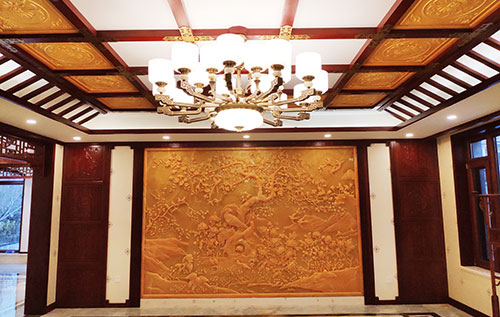 美兰中式别墅客厅中式木作横梁吊顶装饰展示